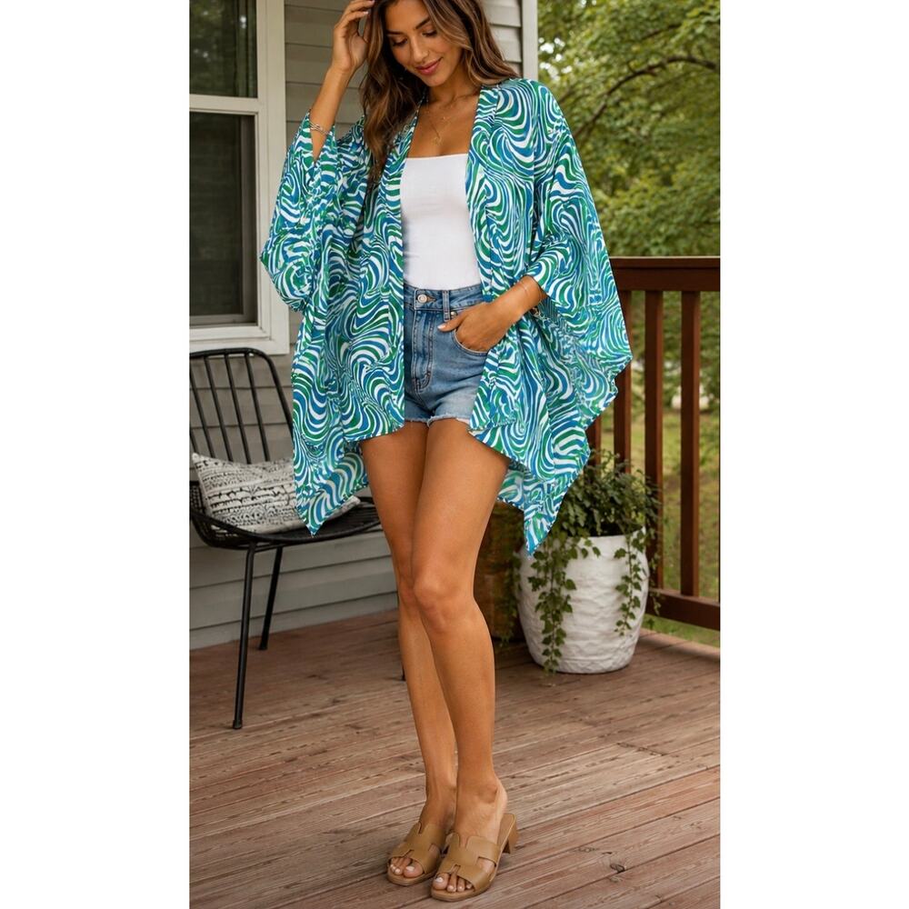 Zara Abstract Swirl Print Kimono Cardigan Blue Green Cocoon Duster Cover Up M